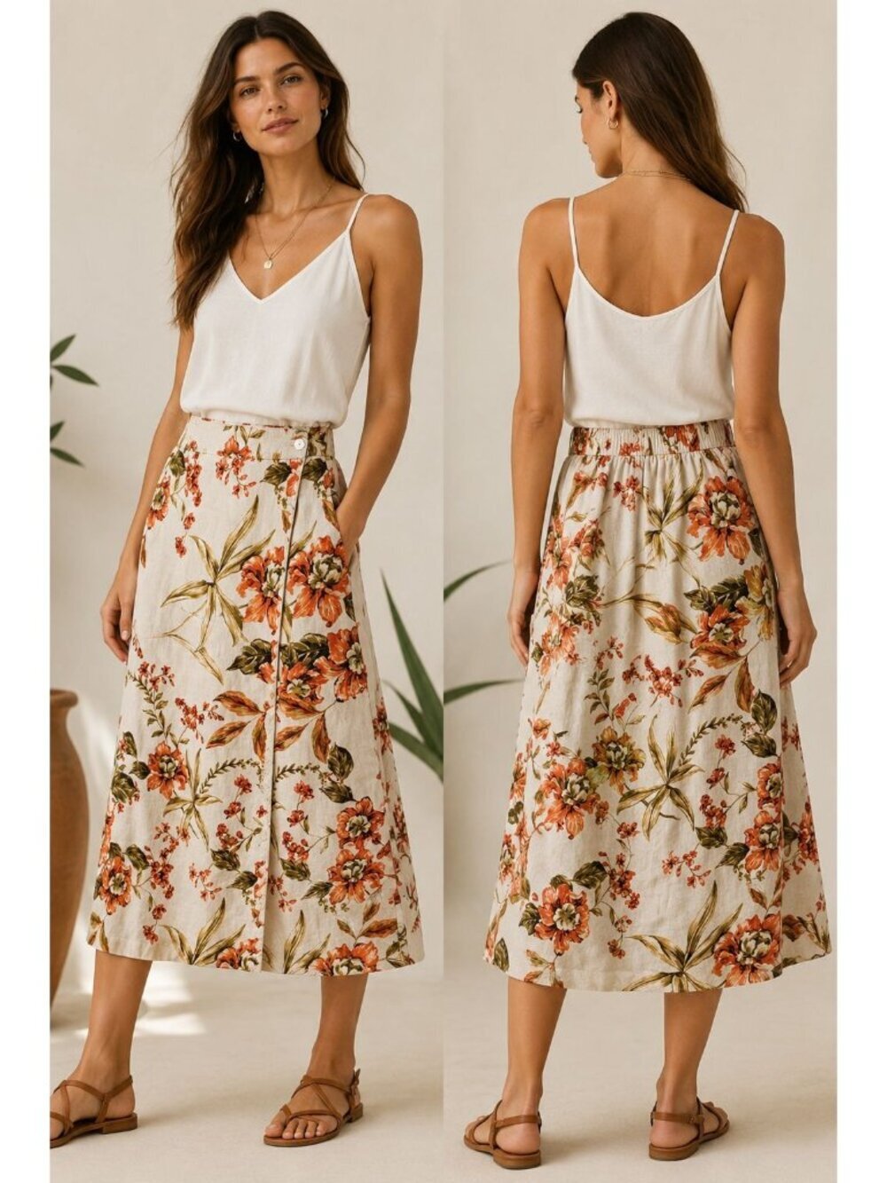 Joie Floral Wrap Midi Skirt 100% Linen Cream Orange Small
